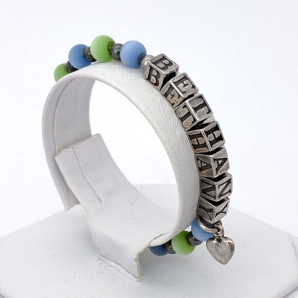 Blue Green Shimmery "Bethany" Beaded Bracelet | Vintage Sterling Silver 925 | 6" - Picture 1 of 13